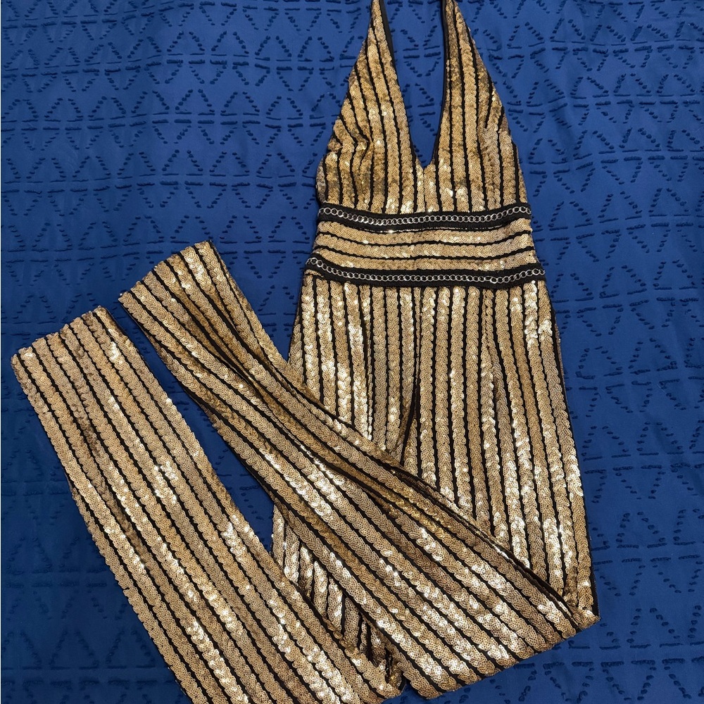 Gold and Black Sequin Jumpsuit size XS NEW - Picture 3 of 3